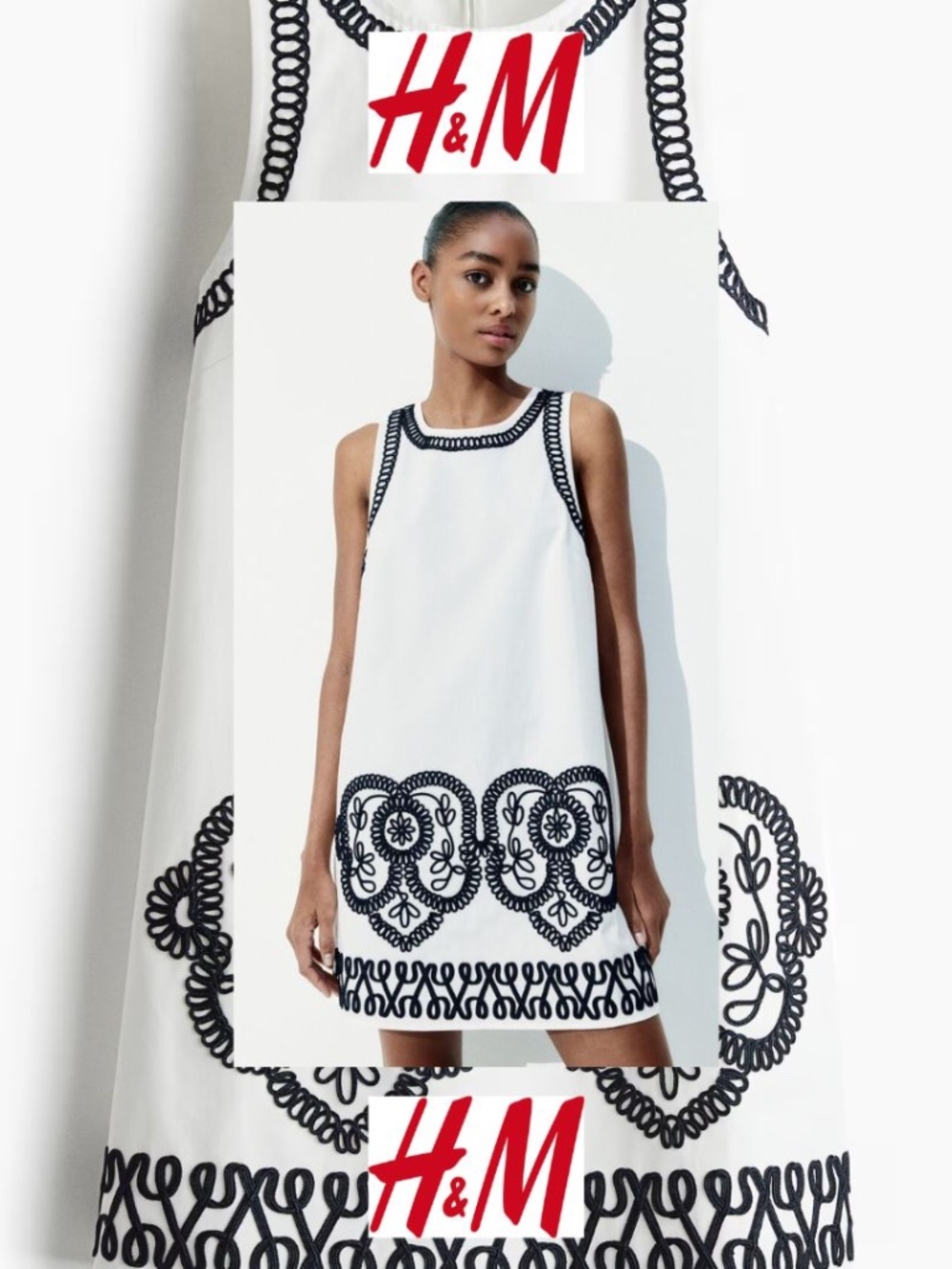 H&M Sleeveless White Dress with Black Embroidered Trim